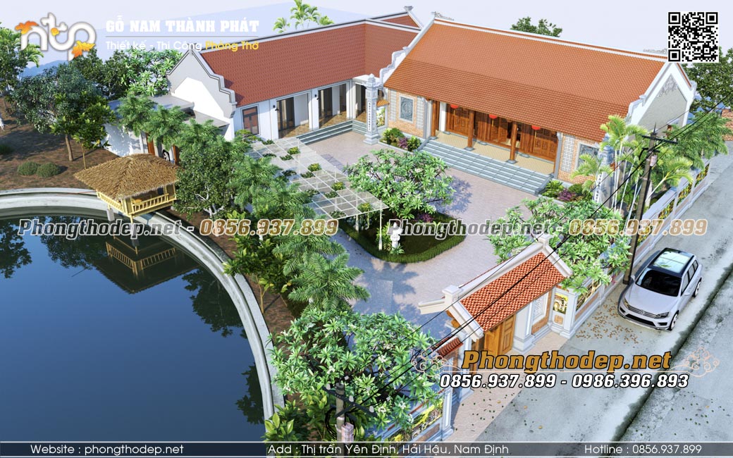 Nhà gỗ 5 gian đẹp kết hợp sân vườn ao cá